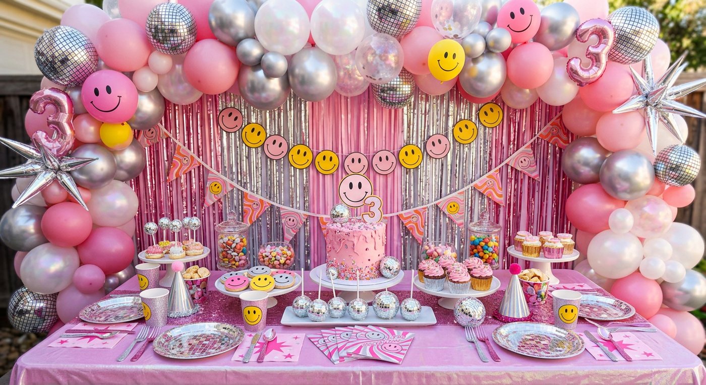 Fifi's Three-ppy and Happy Disco moodboard with pink and silver disco balls, glittery cake, and metallic balloons