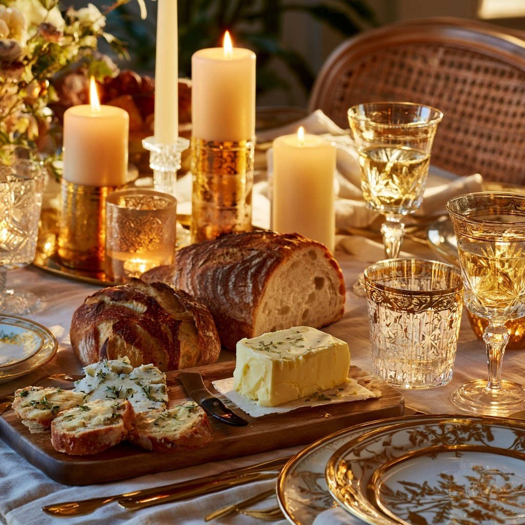 Golden dinner party moodboard with gold flatware, ivory candles, and honey-yellow florals