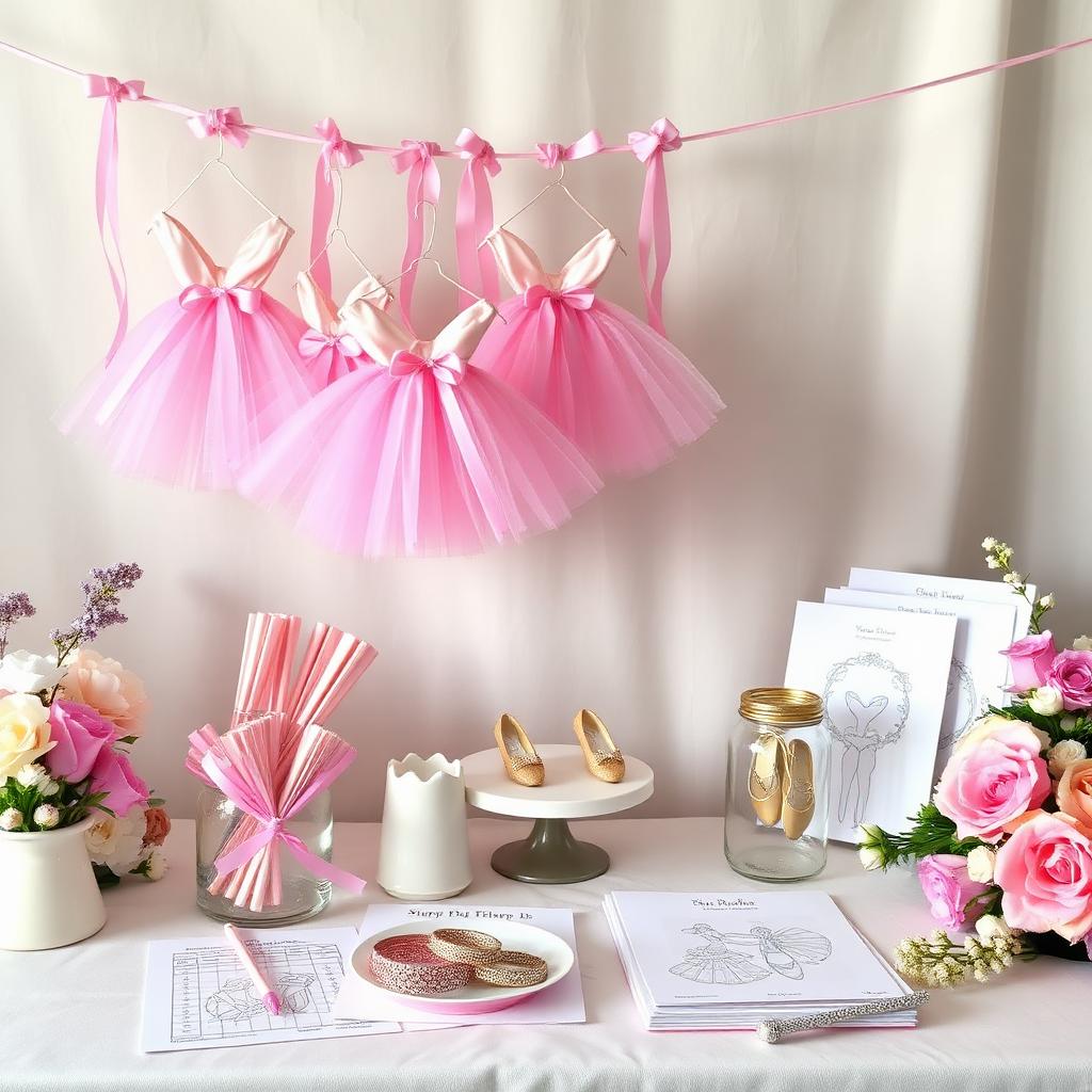 Ballerina birthday craft station with tutus, ribbon wands, and dance activities