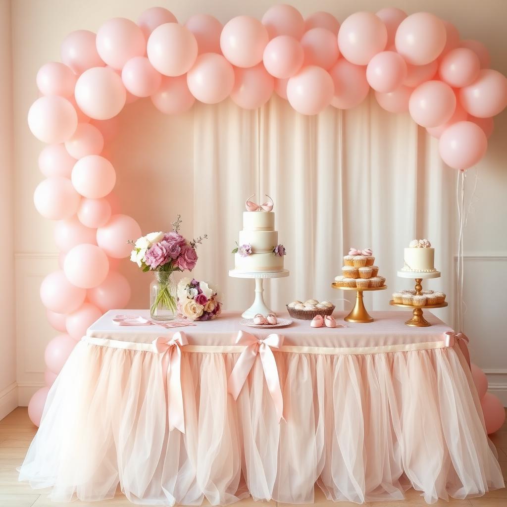 Elegant ballerina birthday party with blush balloons, ballet slippers, florals, and a tutu-inspired dessert table