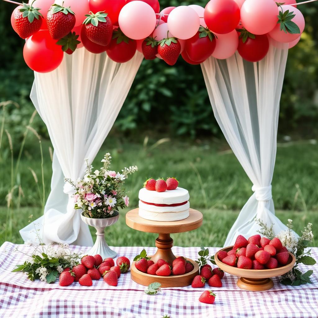 Sweet berry first birthday picnic party with strawberries, balloons and floral decorations