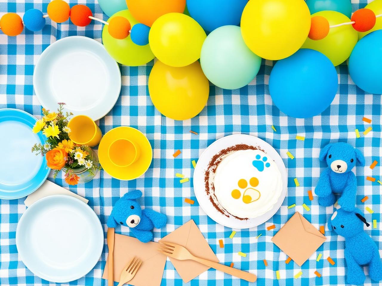 Bluey-inspired backyard birthday flat-lay with blue and yellow balloons, gingham picnic blanket, paw-print cake and blue plush puppies