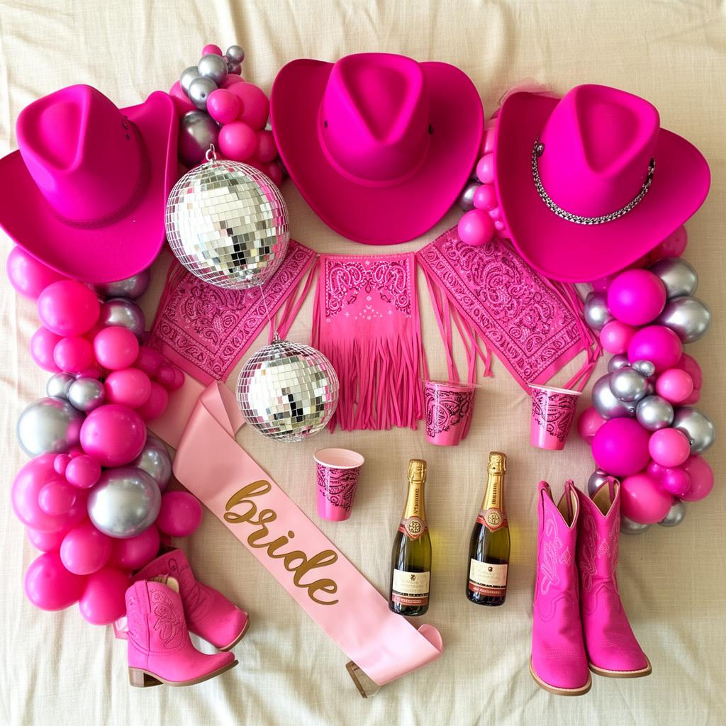 Cowboy disco bachelorette moodboard with hot pink cowboy hats, disco balls, and bride sash