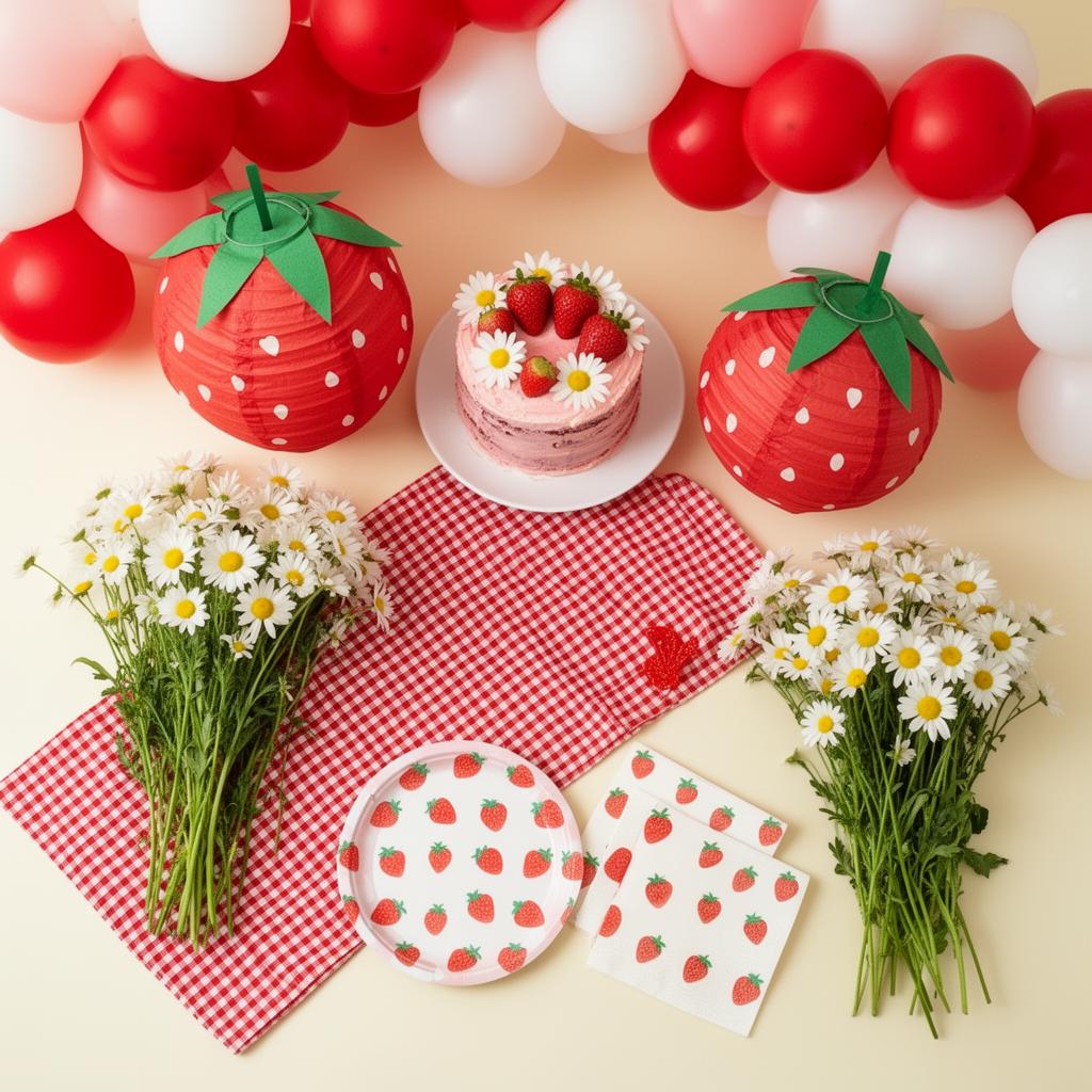 Berry first birthday moodboard with strawberry paper lanterns, daisies, gingham, and a strawberry smash cake