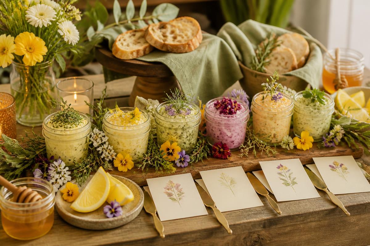 Elegant butter tasting station with artisan breads and compound butters