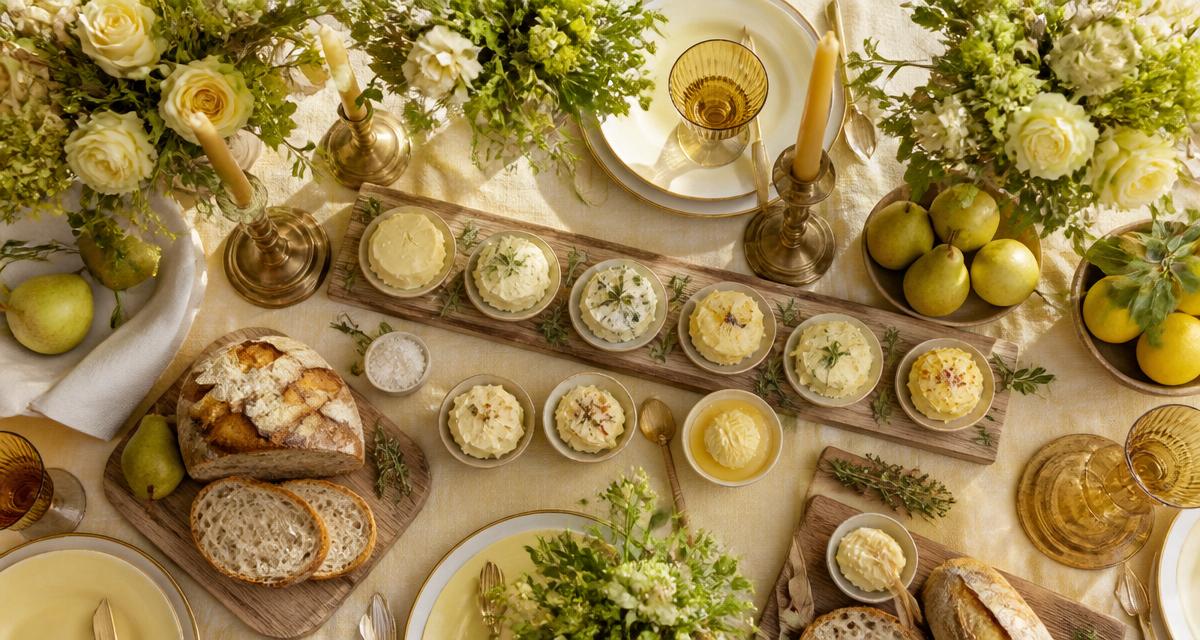 Elegant butter party table with butter boards, candles, artisan bread, lemons and fresh flowers