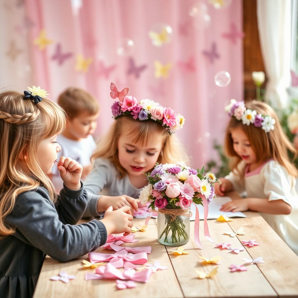 Kids making flower crowns at a butterfly garden birthday party