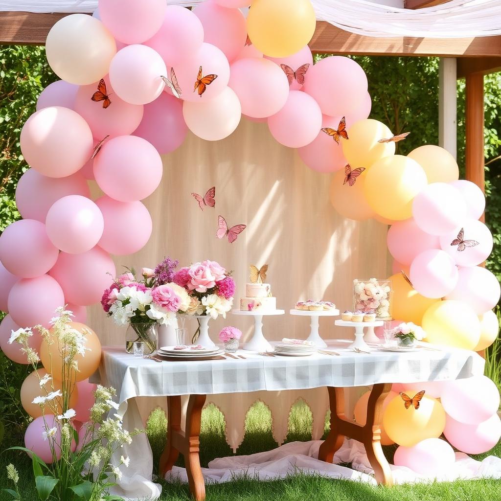 Butterfly garden birthday party table with pastel balloons, fresh flowers and butterfly decorations