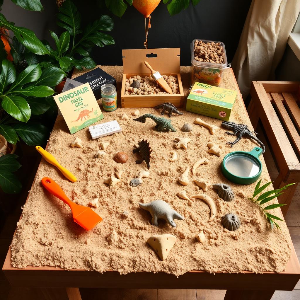 Dinosaur birthday fossil dig station with excavation kits and prehistoric activities