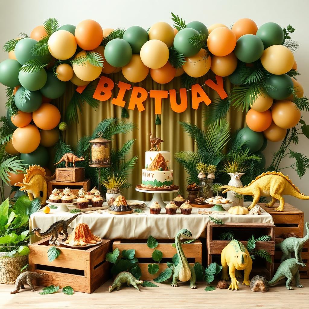 Dinosaur birthday party with balloon garland, jungle decorations, fossils, and prehistoric dessert table