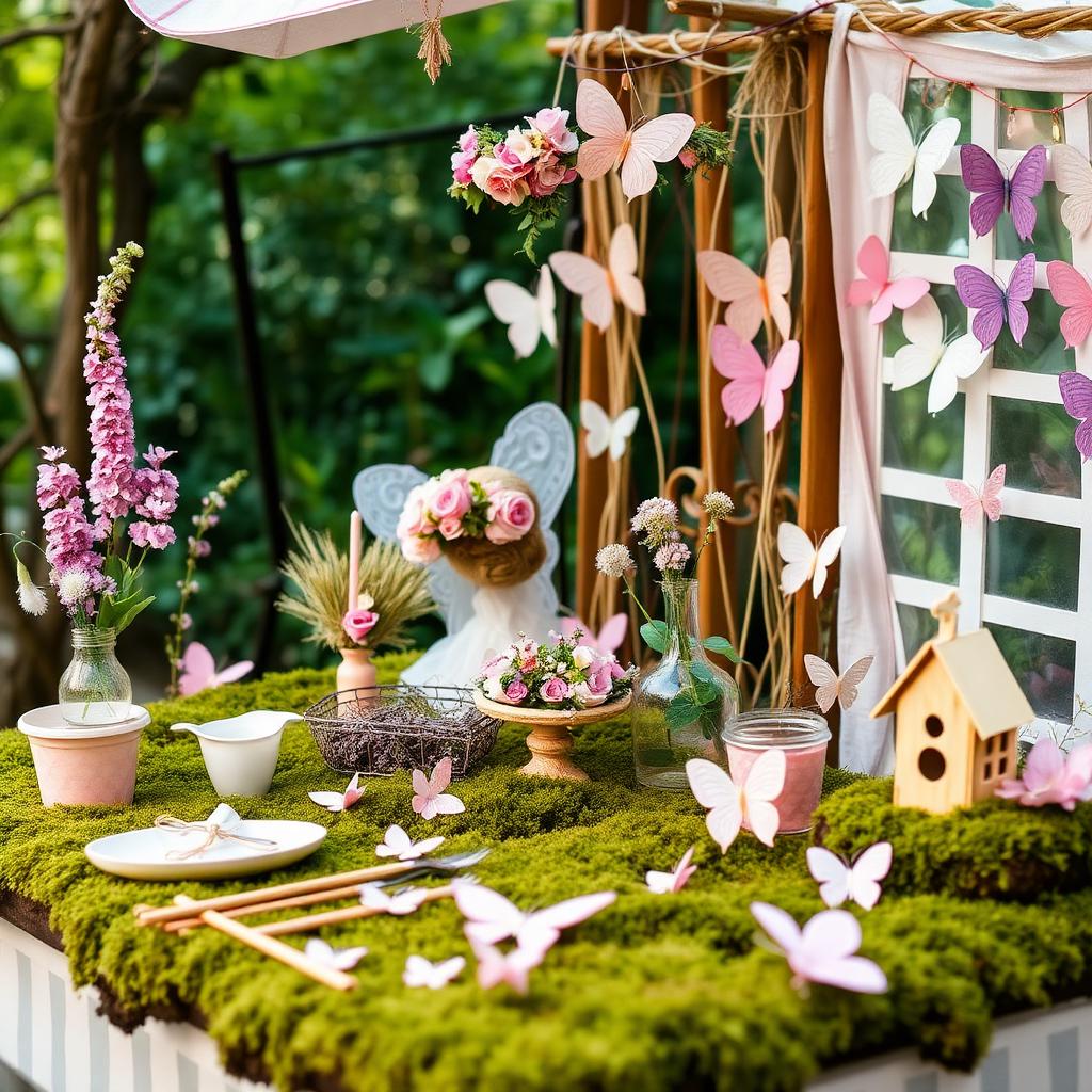 Fairy garden craft station with flower crowns, fairy houses, and butterfly activities