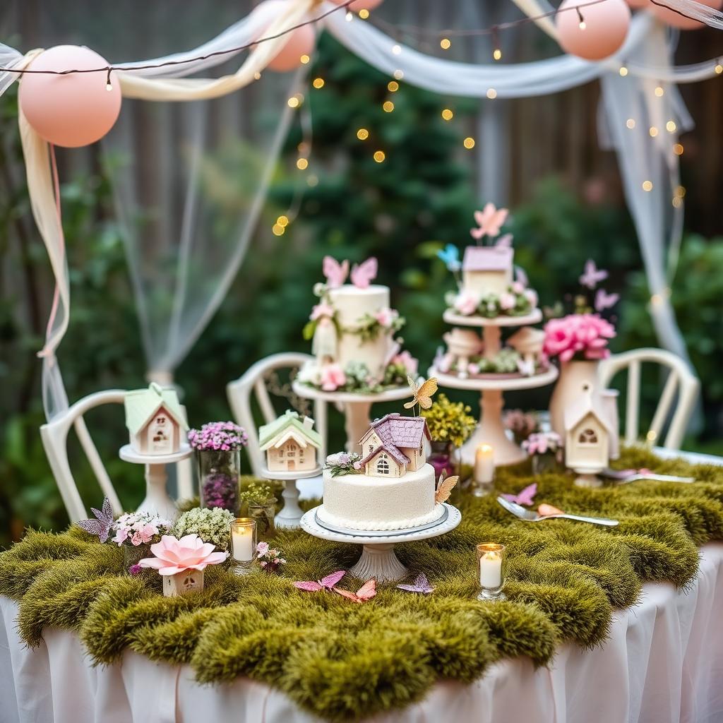 Enchanted fairy garden party with pastel flowers, moss table decor, fairy lights, and whimsical desserts