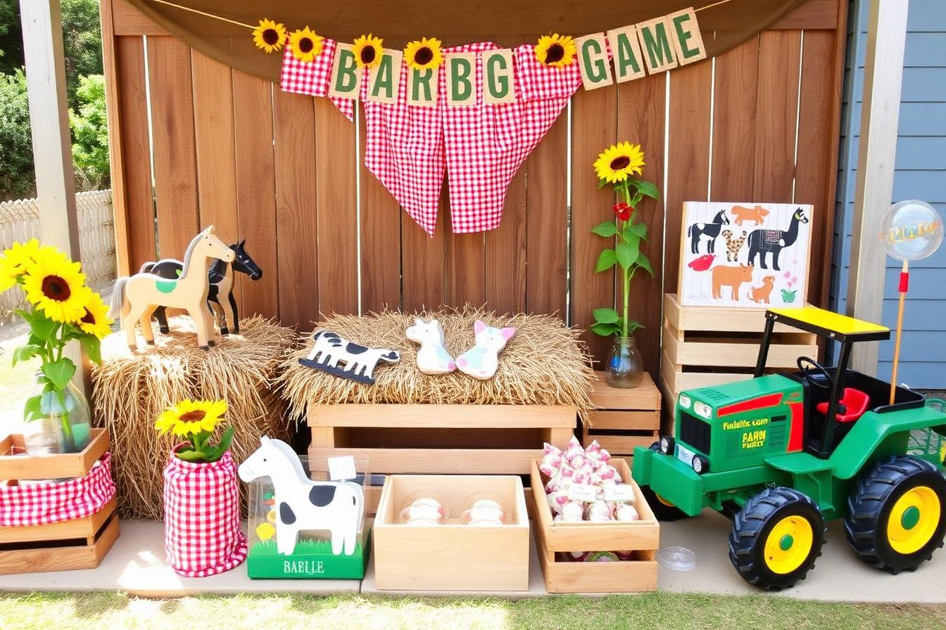 Farm birthday activity station with hay bales, stick horses, and tractor games