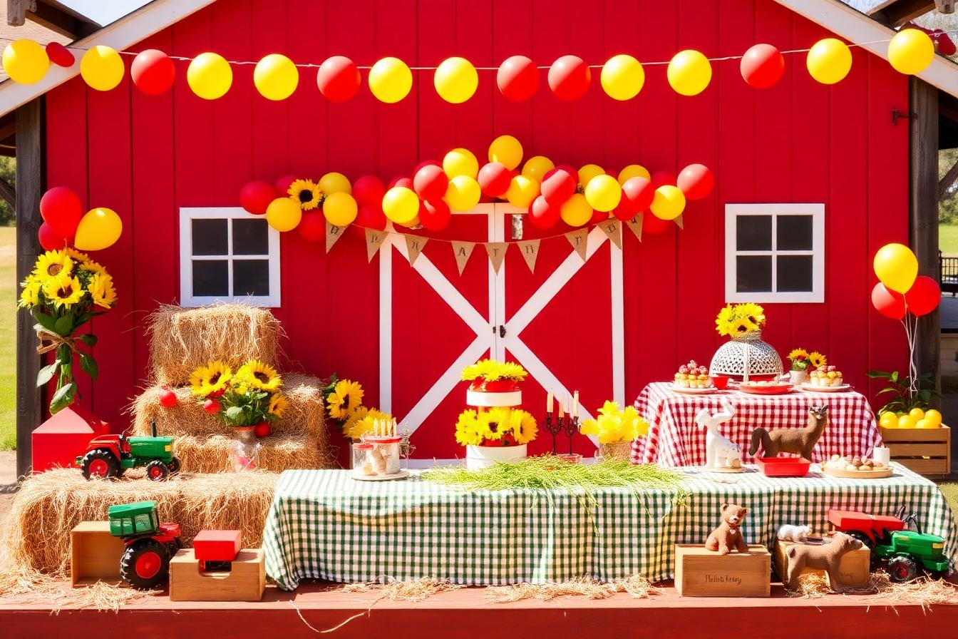 Farm birthday party with red barn backdrop, hay bales, balloons, sunflowers, and tractor decorations