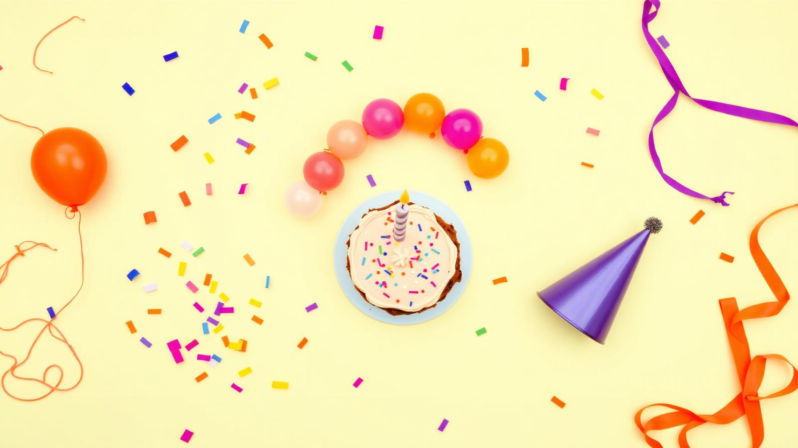 Colorful first birthday flat-lay with smash cake, balloon arch and confetti