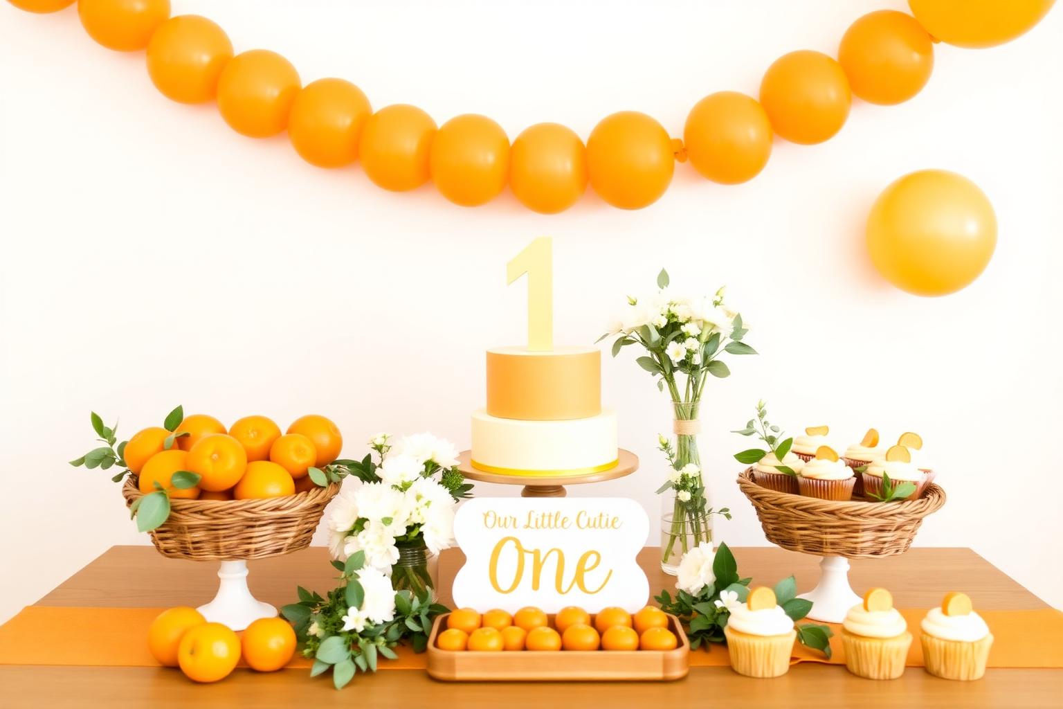 Little Cutie first birthday party with orange balloons, citrus decorations and a dessert table