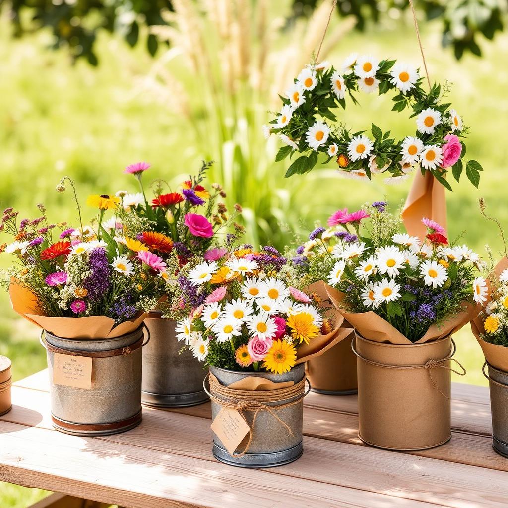 Wildflower party bouquet bar with fresh flowers and flower crown station