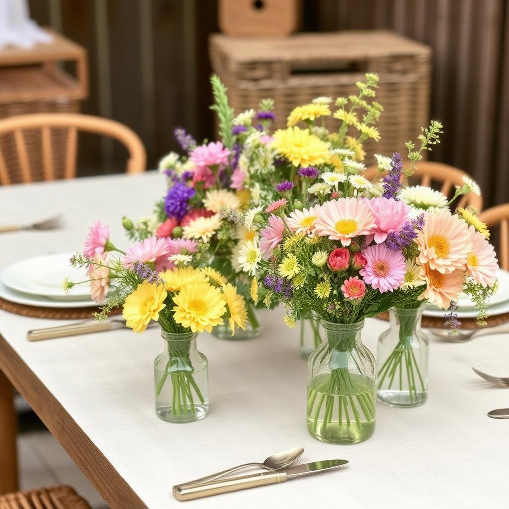 Wildflower garden party with pastel flowers, picnic table, and colorful spring decorations